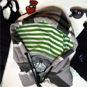 Vurt Men's Grey/Green Striped Zip Up Sweatshirt